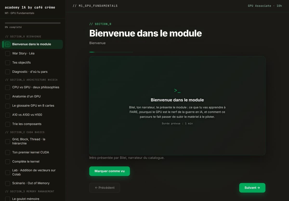 M01 · L'accueil du module : parcours guidé, progression, sections