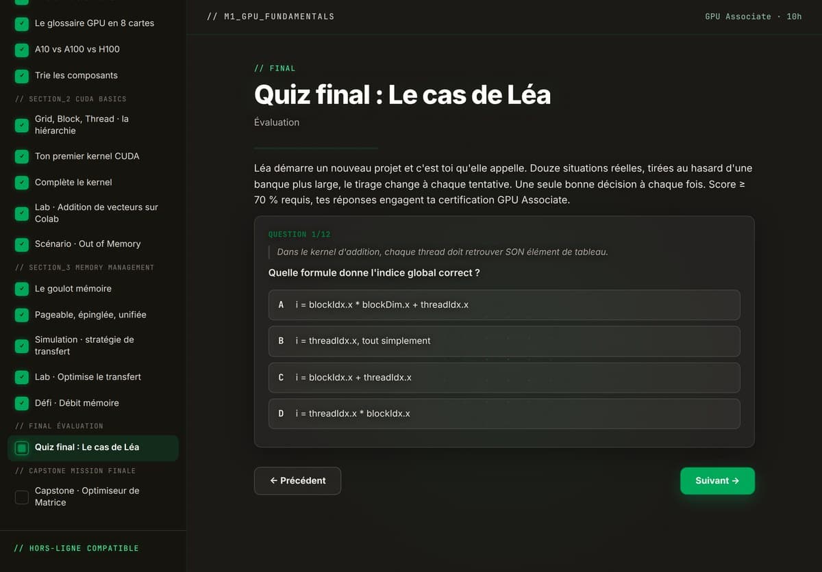 M01 · Le quiz final noté : 12 questions tirées au hasard d'une banque de 18