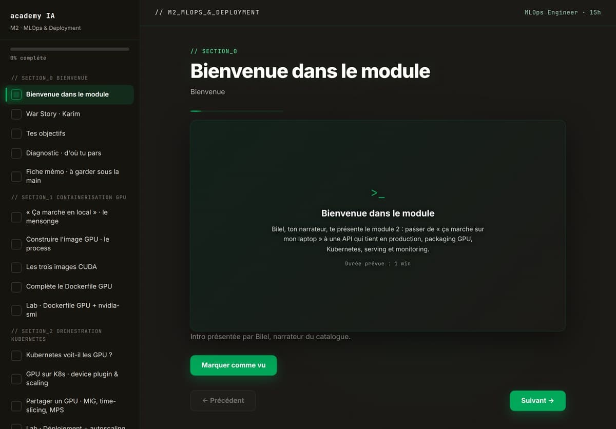 M02 · L'accueil du module : parcours guidé, progression, sections