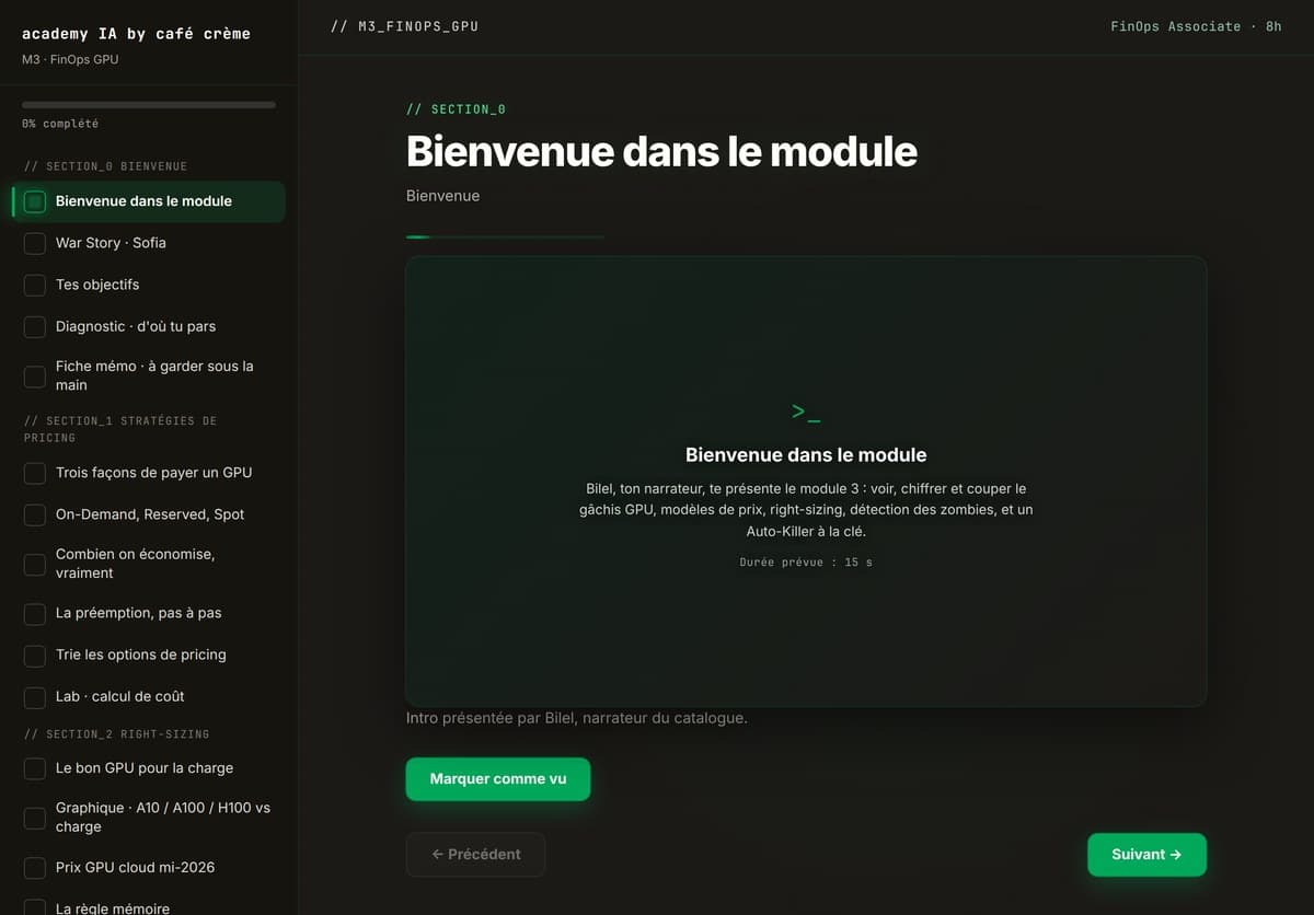 M03 · L'accueil du module : parcours guidé, progression, sections