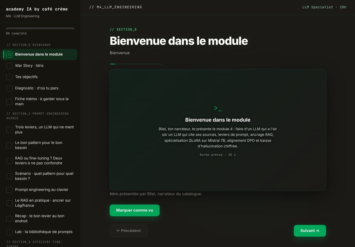 M04 · L'accueil du module : parcours guidé, progression, sections