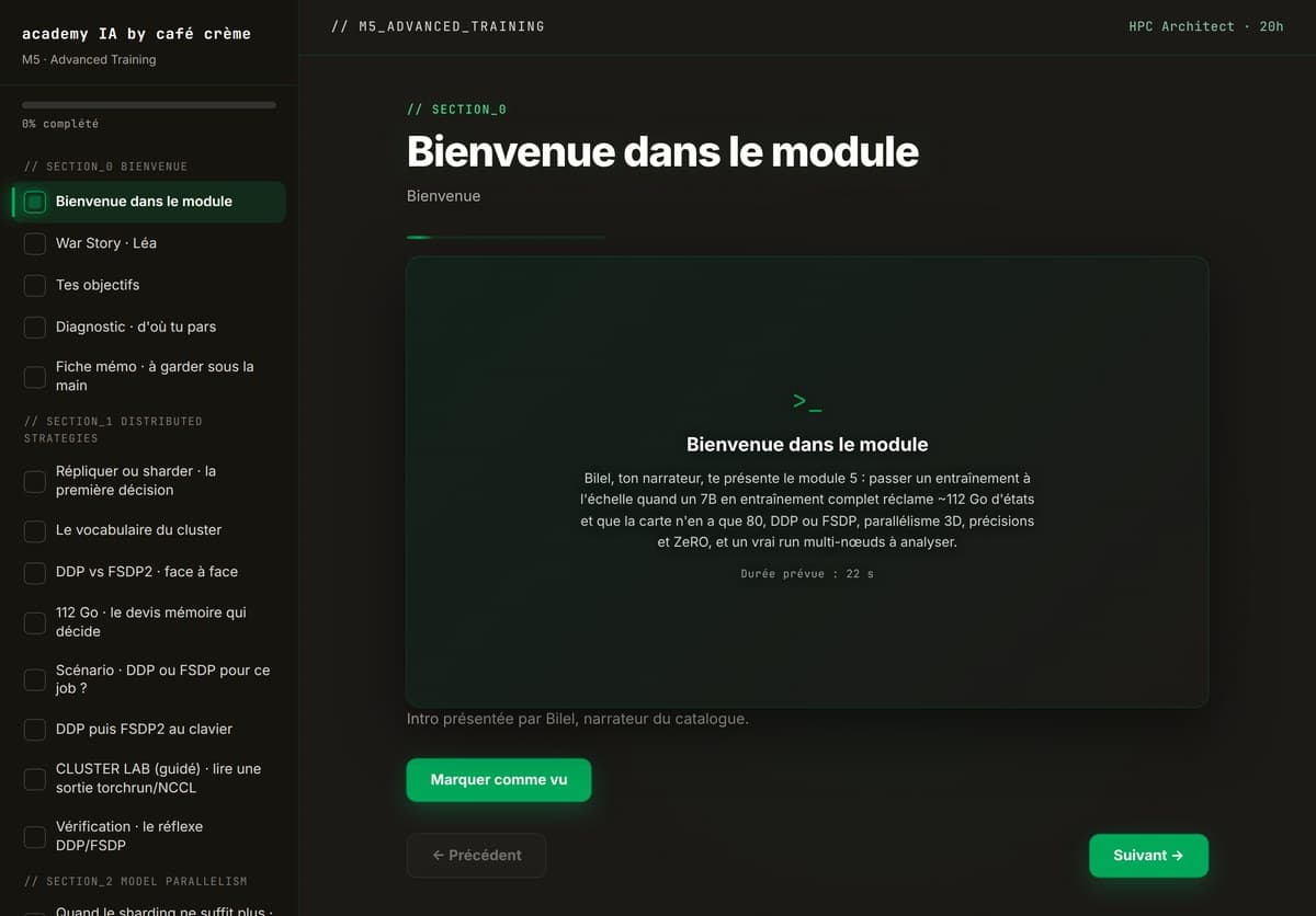 M05 · L'accueil du module : parcours guidé, progression, sections