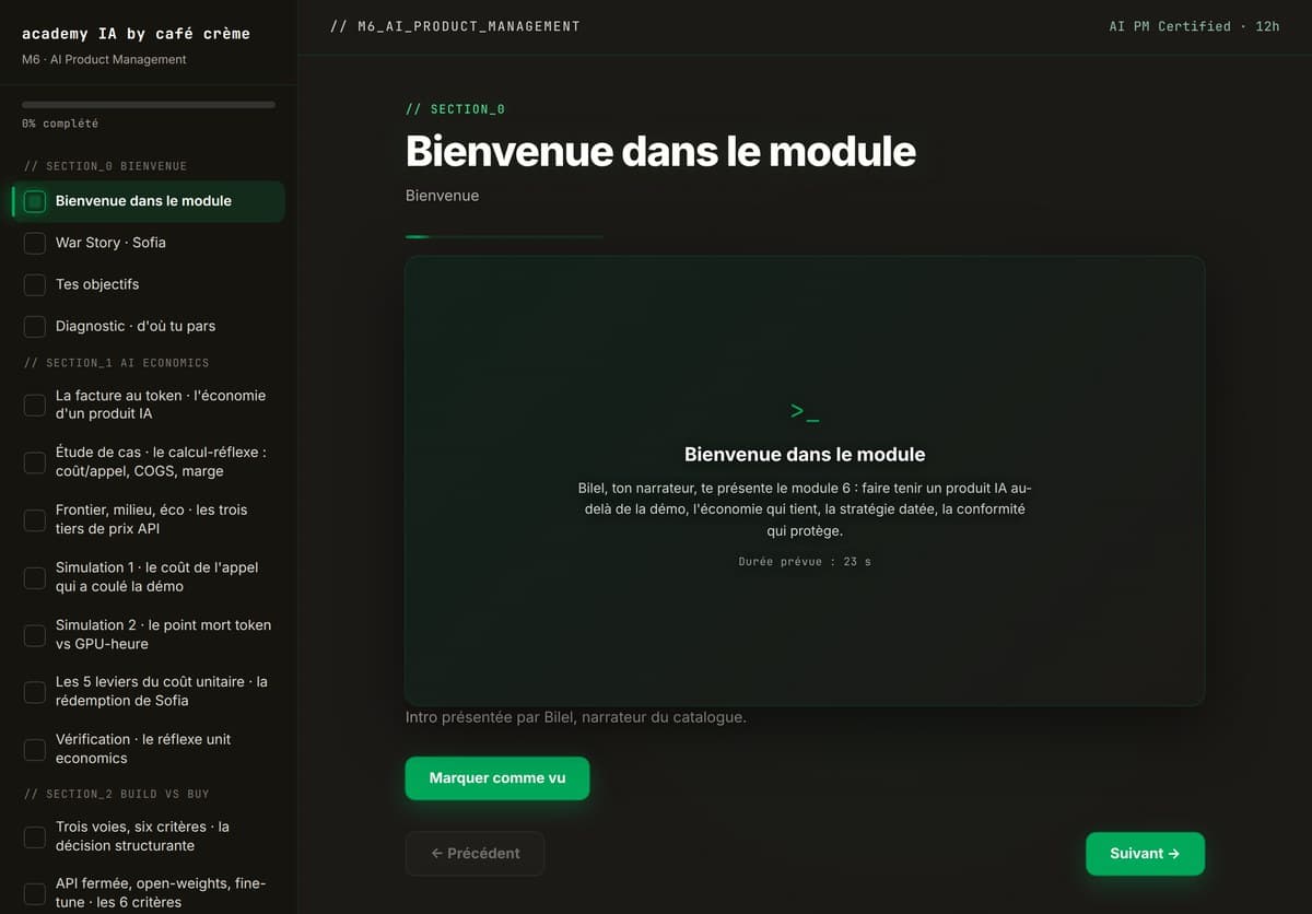 M06 · L'accueil du module : parcours guidé, progression, sections