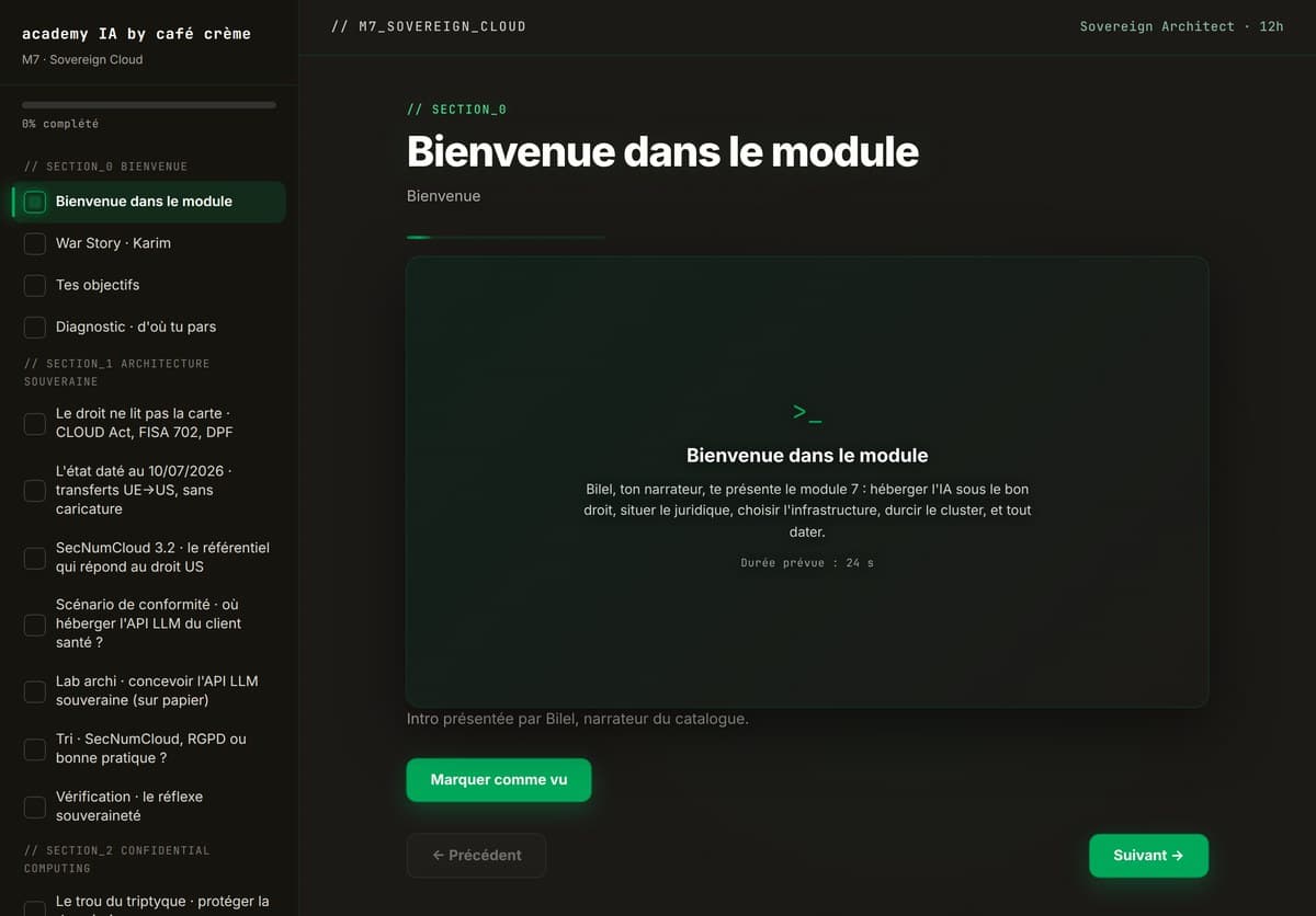 M07 · L'accueil du module : parcours guidé, progression, sections