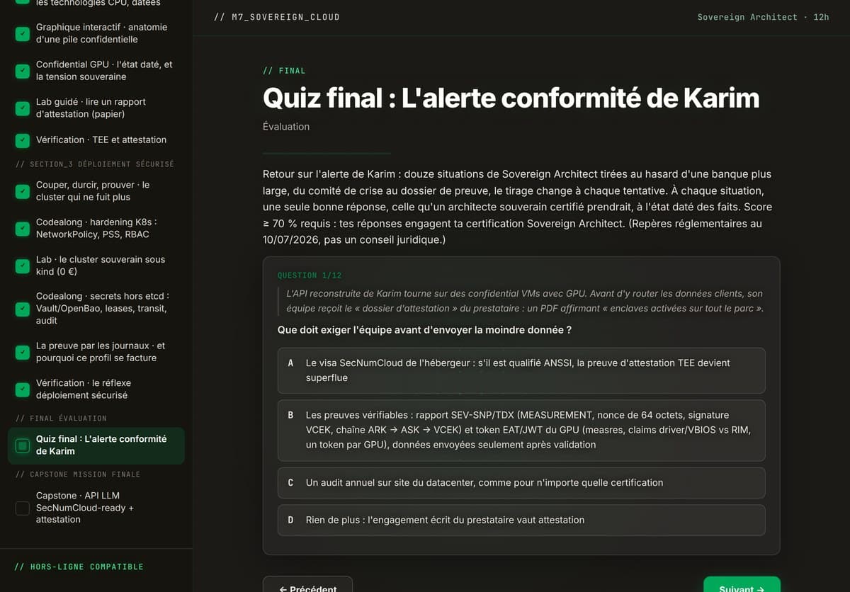 M07 · Le quiz final noté : 12 questions tirées au hasard d'une banque de 18