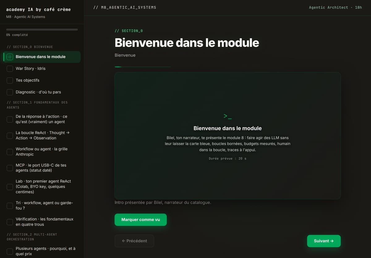 M08 · L'accueil du module : parcours guidé, progression, sections