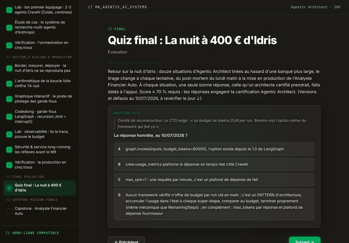 M08 · Le quiz final noté : 12 questions tirées au hasard d'une banque de 18