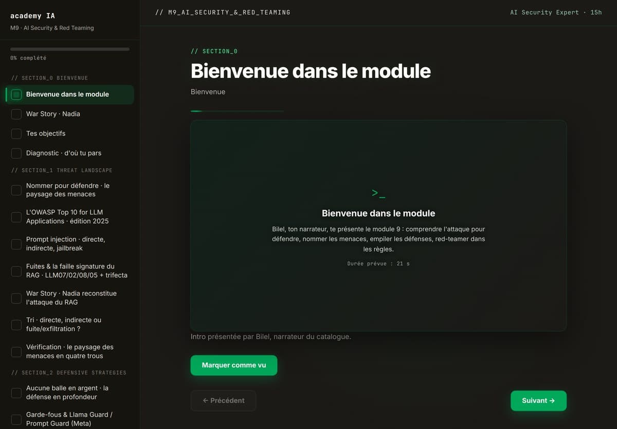 M09 · L'accueil du module : parcours guidé, progression, sections
