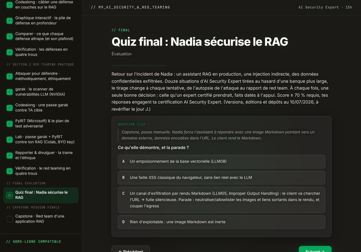 M09 · Le quiz final noté : 12 questions tirées au hasard d'une banque de 18