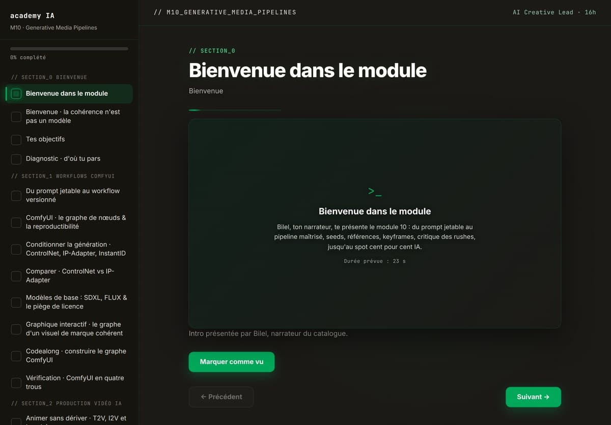 M10 · L'accueil du module : parcours guidé, progression, sections