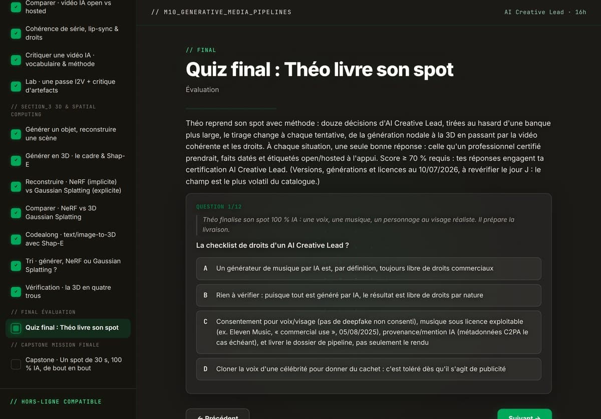 M10 · Le quiz final noté : 12 questions tirées au hasard d'une banque de 18